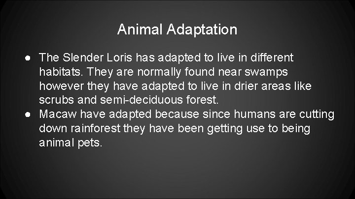 Animal Adaptation ● The Slender Loris has adapted to live in different habitats. They