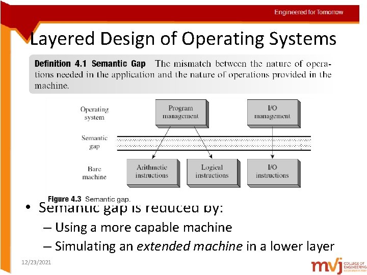 Layered Design of Operating Systems • Semantic gap is reduced by: – Using a