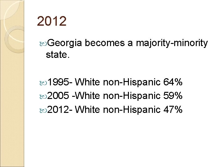 2012 Georgia becomes a majority-minority state. 1995 - White non-Hispanic 64% 2005 -White non-Hispanic