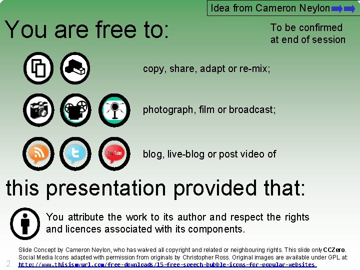 Idea from Cameron Neylon You are free to: To be confirmed at end of
