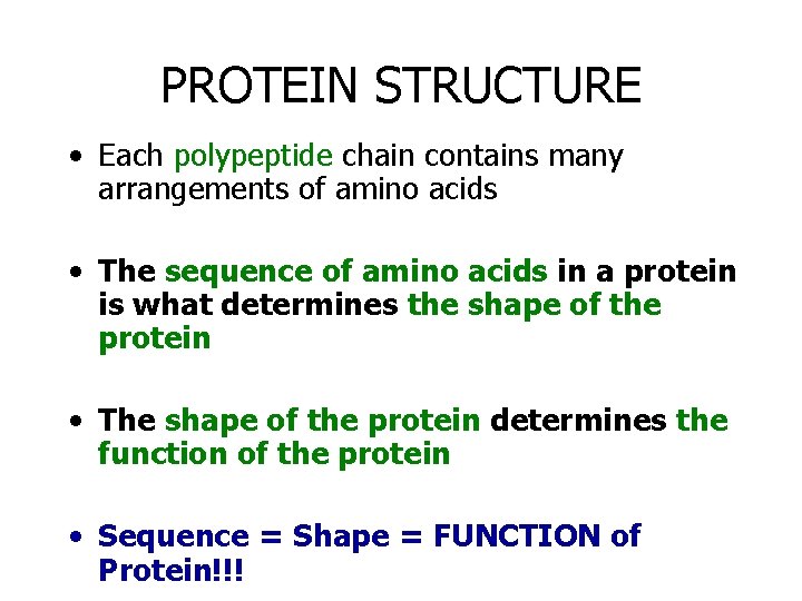 PROTEIN STRUCTURE • Each polypeptide chain contains many arrangements of amino acids • The