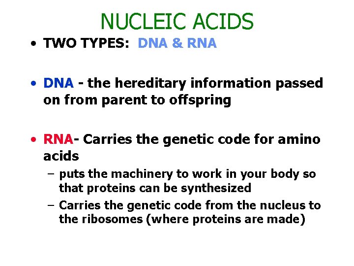 NUCLEIC ACIDS • TWO TYPES: DNA & RNA • DNA - the hereditary information