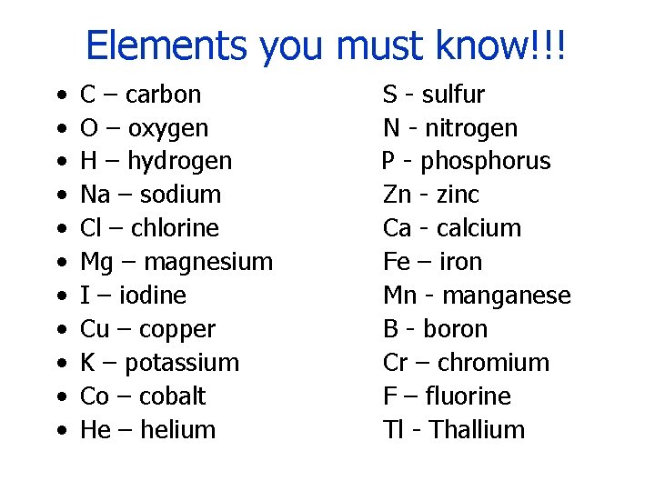 Elements you must know!!! • • • C – carbon O – oxygen H