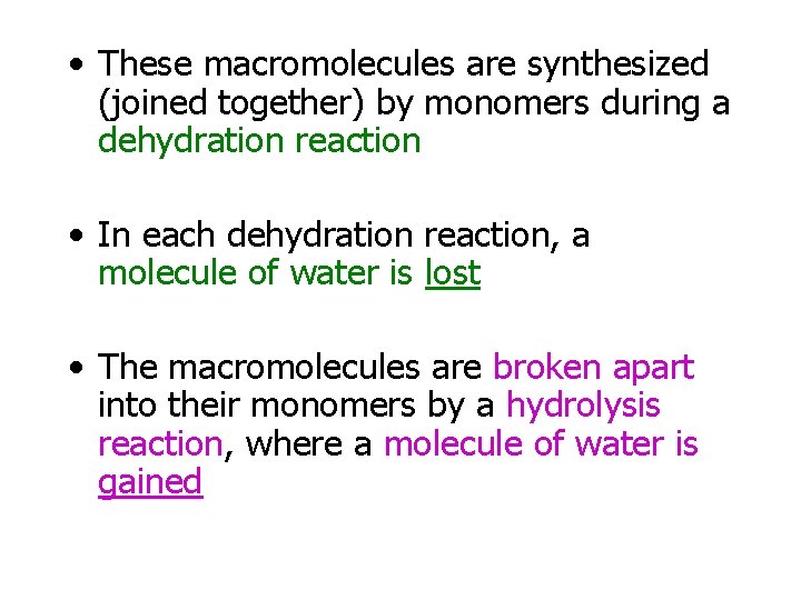  • These macromolecules are synthesized (joined together) by monomers during a dehydration reaction