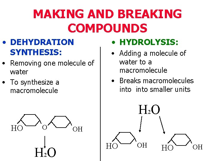 MAKING AND BREAKING COMPOUNDS • DEHYDRATION SYNTHESIS: • Removing one molecule of water •