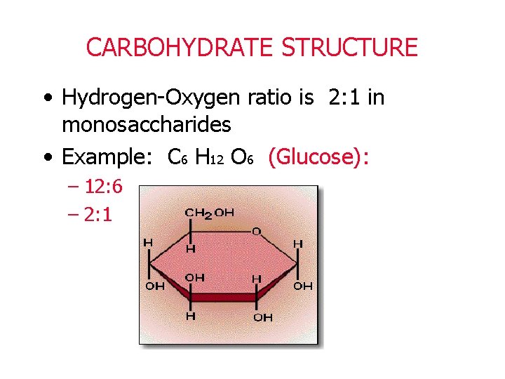 CARBOHYDRATE STRUCTURE • Hydrogen-Oxygen ratio is 2: 1 in monosaccharides • Example: C 6