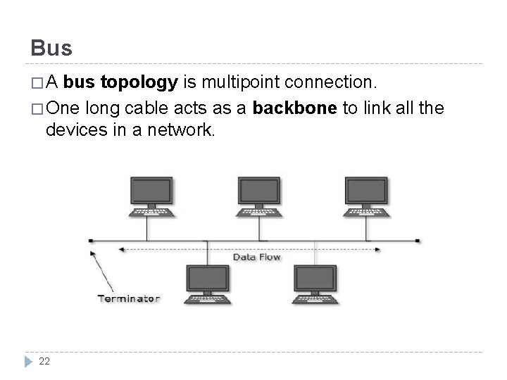 Bus �A bus topology is multipoint connection. � One long cable acts as a