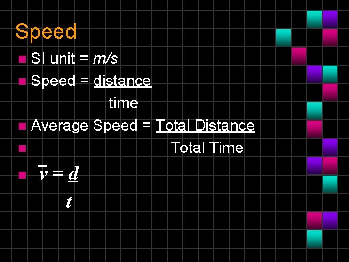Speed SI unit = m/s n Speed = distance time n Average Speed =