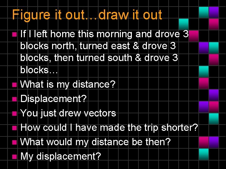 Figure it out…draw it out If I left home this morning and drove 3