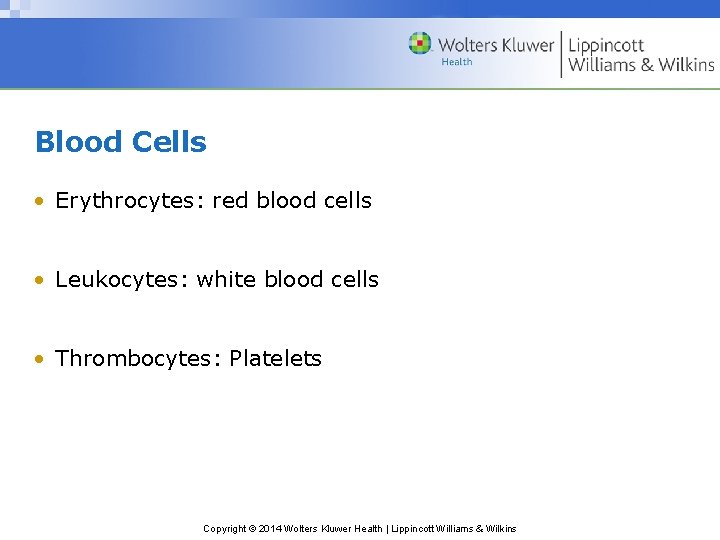 Blood Cells • Erythrocytes: red blood cells • Leukocytes: white blood cells • Thrombocytes: