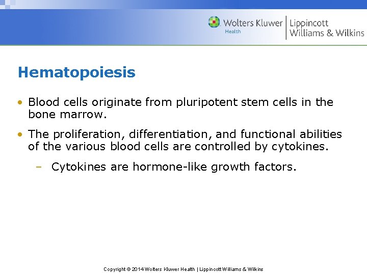 Hematopoiesis • Blood cells originate from pluripotent stem cells in the bone marrow. •