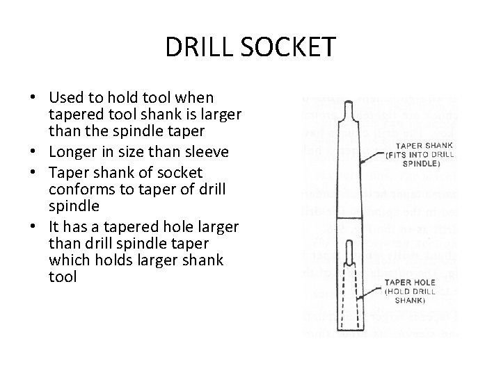 DRILL SOCKET • Used to hold tool when tapered tool shank is larger than