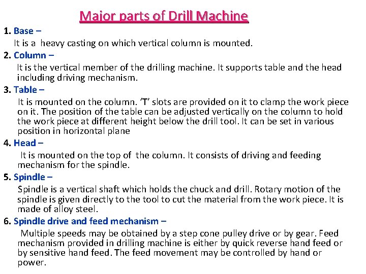 Major parts of Drill Machine 1. Base – It is a heavy casting on