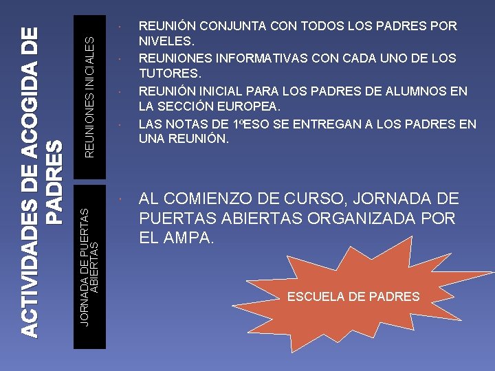 REUNIONES INICIALES JORNADA DE PUERTAS ABIERTAS ACTIVIDADES DE ACOGIDA DE PADRES REUNIÓN CONJUNTA CON