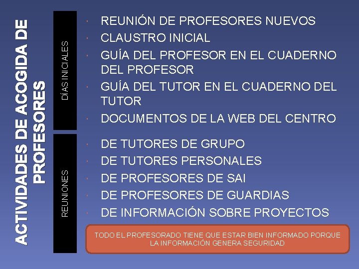 DÍAS INICIALES REUNIONES ACTIVIDADES DE ACOGIDA DE PROFESORES REUNIÓN DE PROFESORES NUEVOS CLAUSTRO INICIAL