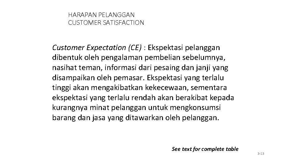 HARAPAN PELANGGAN CUSTOMER SATISFACTION Customer Expectation (CE) : Ekspektasi pelanggan dibentuk oleh pengalaman pembelian