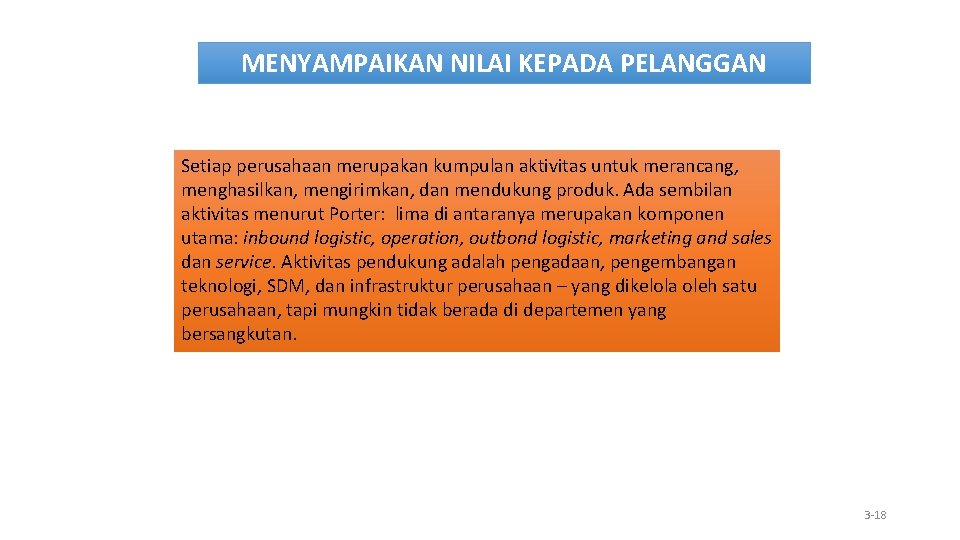 MENYAMPAIKAN NILAI KEPADA PELANGGAN Setiap perusahaan merupakan kumpulan aktivitas untuk merancang, menghasilkan, mengirimkan, dan