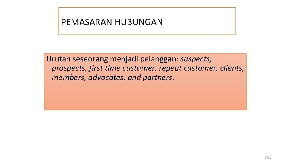 PEMASARAN HUBUNGAN Urutan seseorang menjadi pelanggan: suspects, prospects, first time customer, repeat customer, clients,