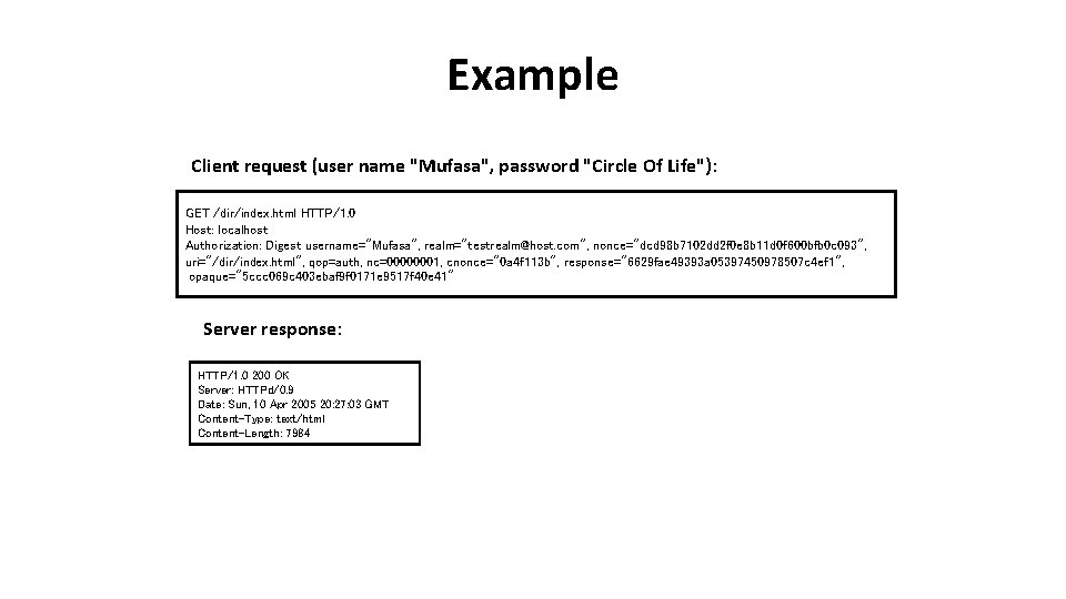 Example Client request (user name "Mufasa", password "Circle Of Life"): GET /dir/index. html HTTP/1.