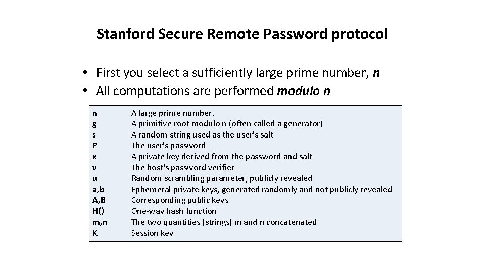 Stanford Secure Remote Password protocol • First you select a sufficiently large prime number,