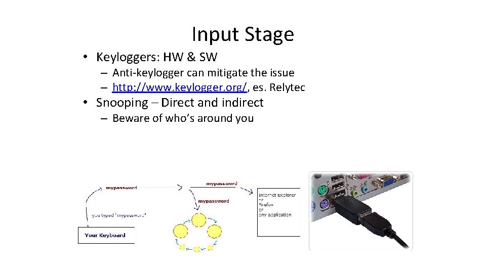 Input Stage • Keyloggers: HW & SW – Anti-keylogger can mitigate the issue –
