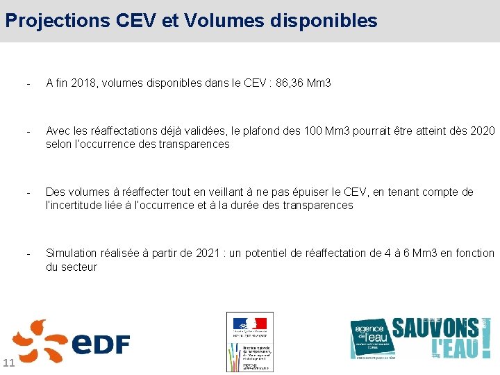 Projections CEV et Volumes disponibles 11 - A fin 2018, volumes disponibles dans le