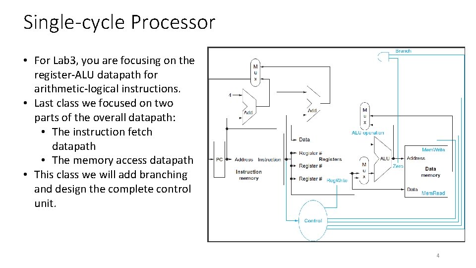 Single-cycle Processor • For Lab 3, you are focusing on the register-ALU datapath for