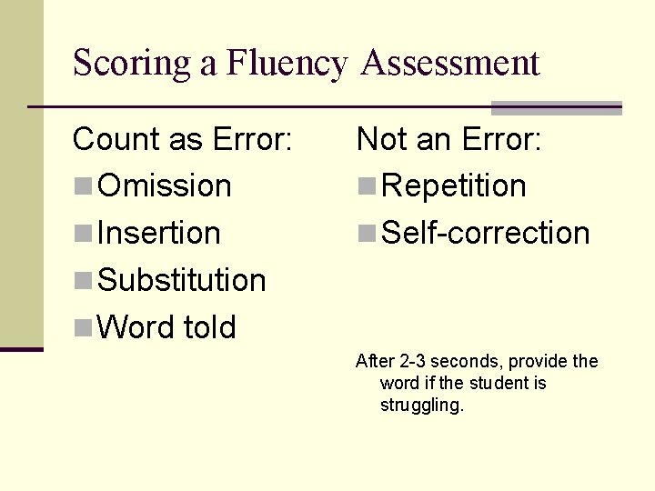 Scoring a Fluency Assessment Count as Error: n Omission n Insertion n Substitution n