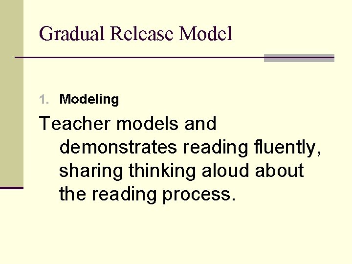 Gradual Release Model 1. Modeling Teacher models and demonstrates reading fluently, sharing thinking aloud