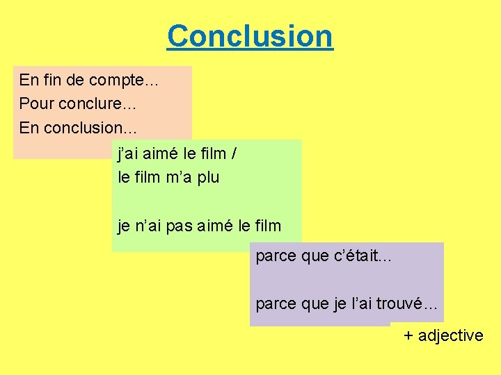 Conclusion En fin de compte… Pour conclure… En conclusion… j’ai aimé le film /