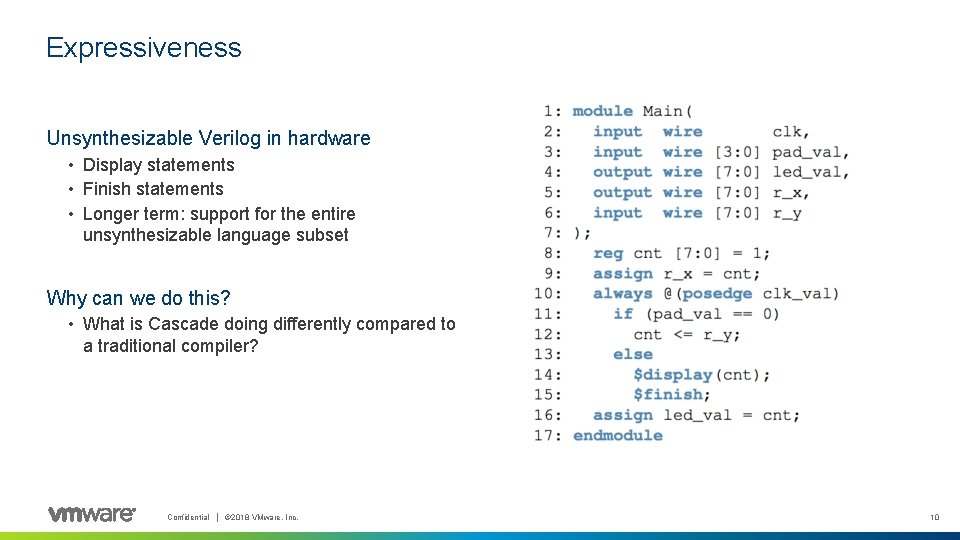 Expressiveness Unsynthesizable Verilog in hardware • Display statements • Finish statements • Longer term: