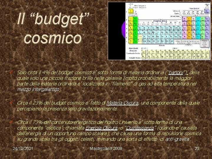 Il “budget” cosmico ü Solo circa il 4% del budget cosmico e’ sotto forma