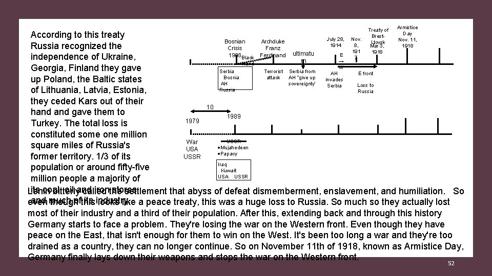 Treaty of Brest Ltovsk Mar 3, 1918 Armistice Day Nov. 11, 1918 According to