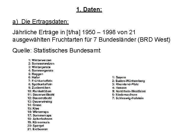 1. Daten: a) Die Ertragsdaten: Jährliche Erträge in [t/ha] 1950 – 1998 von 21