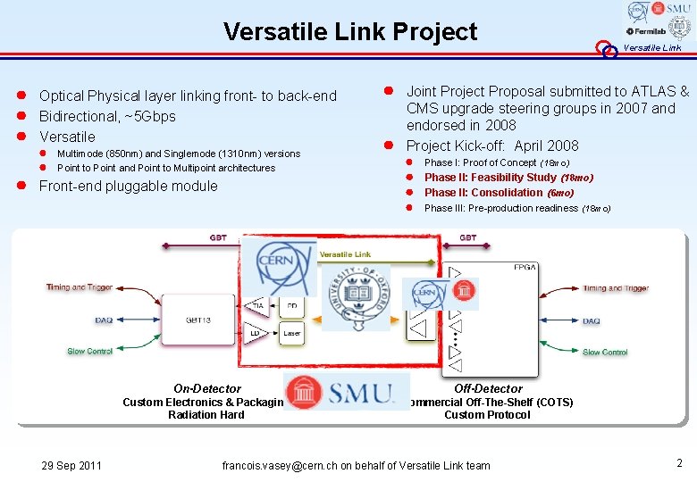 Versatile Link Project ● ● Optical Physical layer linking front- to back-end Bidirectional, ~5