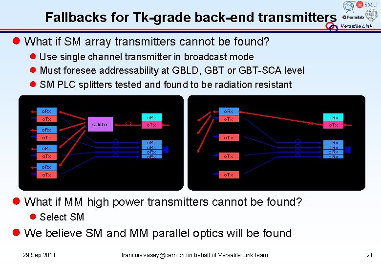 Fallbacks for Tk-grade back-end transmitters Versatile Link ● What if SM array transmitters cannot