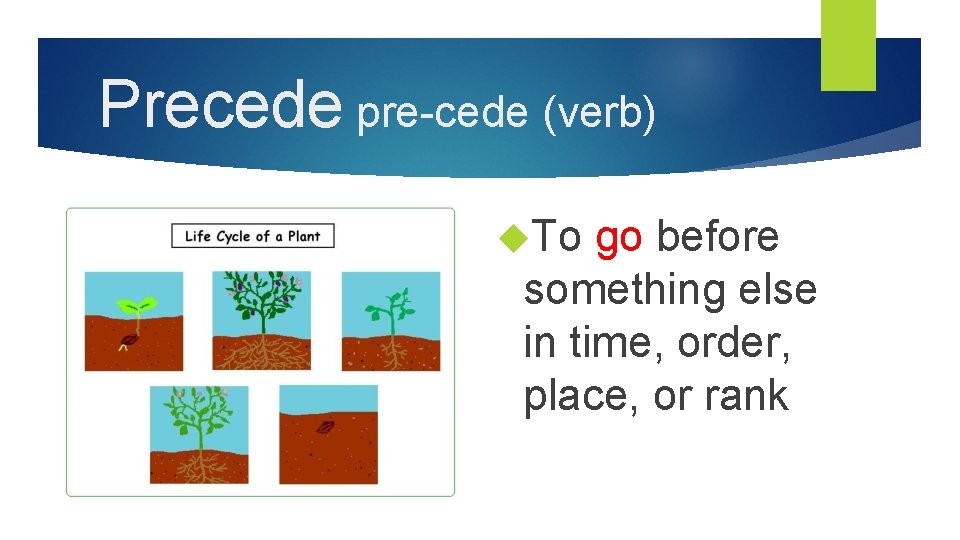 Precede pre-cede (verb) To go before something else in time, order, place, or rank
