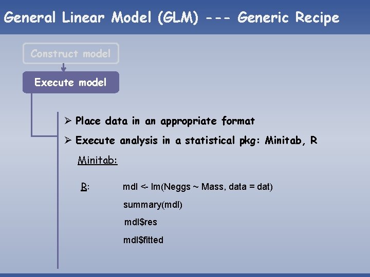 General Linear Model (GLM) --- Generic Recipe Construct model Execute model Ø Place data General Linear Model (GLM) --- Generic Recipe Construct model Execute model Ø Place data