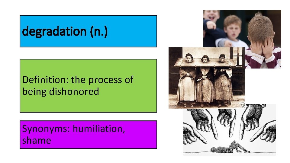 degradation (n. ) Definition: the process of being dishonored Synonyms: humiliation, shame 