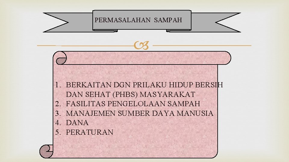 PERMASALAHAN SAMPAH 1. BERKAITAN DGN PRILAKU HIDUP BERSIH DAN SEHAT (PHBS) MASYARAKAT 2. FASILITAS