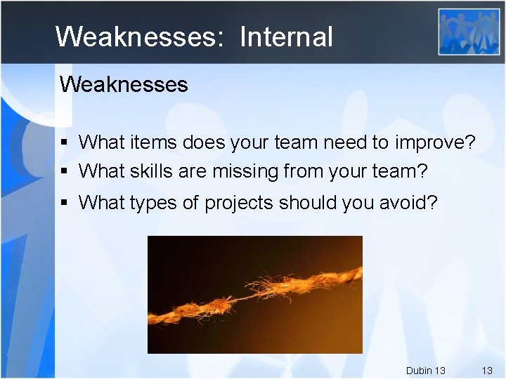 Weaknesses: Internal Weaknesses § What items does your team need to improve? § What