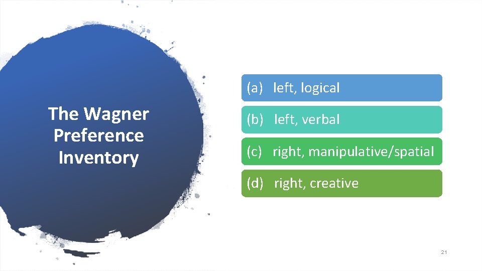 (a) left, logical The Wagner Preference Inventory (b) left, verbal (c) right, manipulative/spatial (d) (a) left, logical The Wagner Preference Inventory (b) left, verbal (c) right, manipulative/spatial (d)