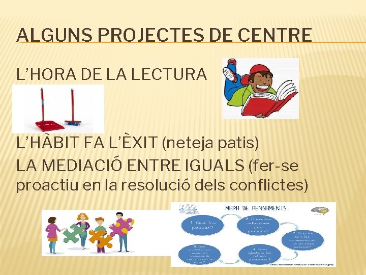 ALGUNS PROJECTES DE CENTRE L’HORA DE LA LECTURA L’HÀBIT FA L’ÈXIT (neteja patis) LA