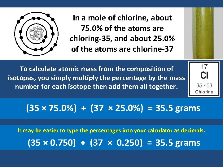 In a mole of chlorine, about 75. 0% of the atoms are chloring-35, and