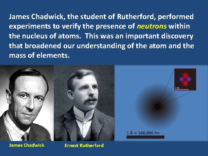 James Chadwick, the student of Rutherford, performed experiments to verify the presence of neutrons James Chadwick, the student of Rutherford, performed experiments to verify the presence of neutrons
