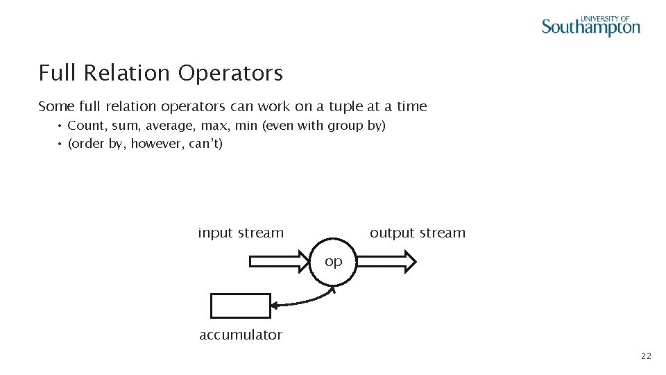 Full Relation Operators Some full relation operators can work on a tuple at a