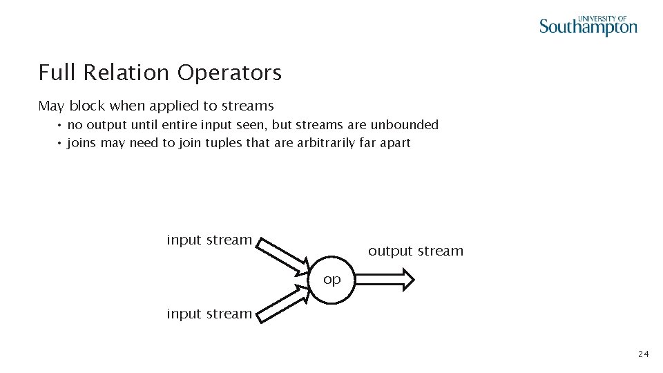 Full Relation Operators May block when applied to streams • no output until entire