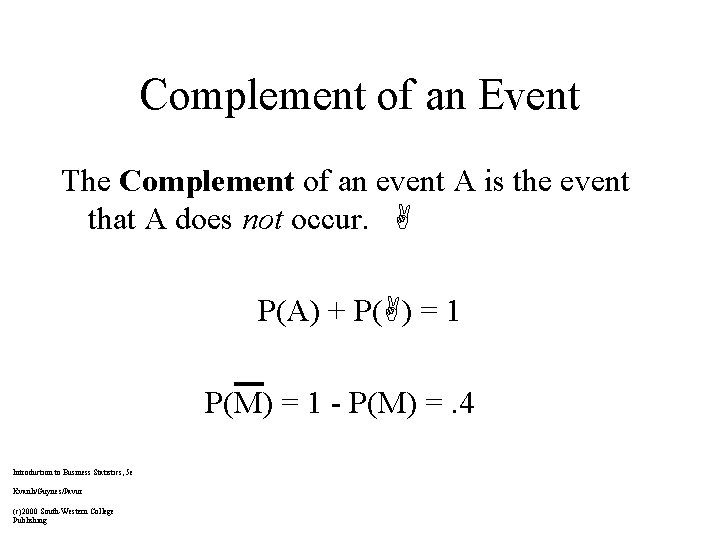 Complement of an Event The Complement of an event A is the event that