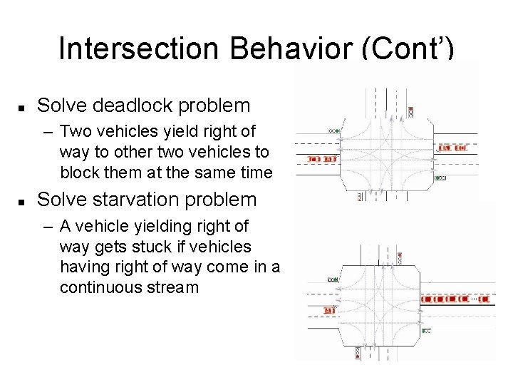 Intersection Behavior (Cont’) n Solve deadlock problem – Two vehicles yield right of way
