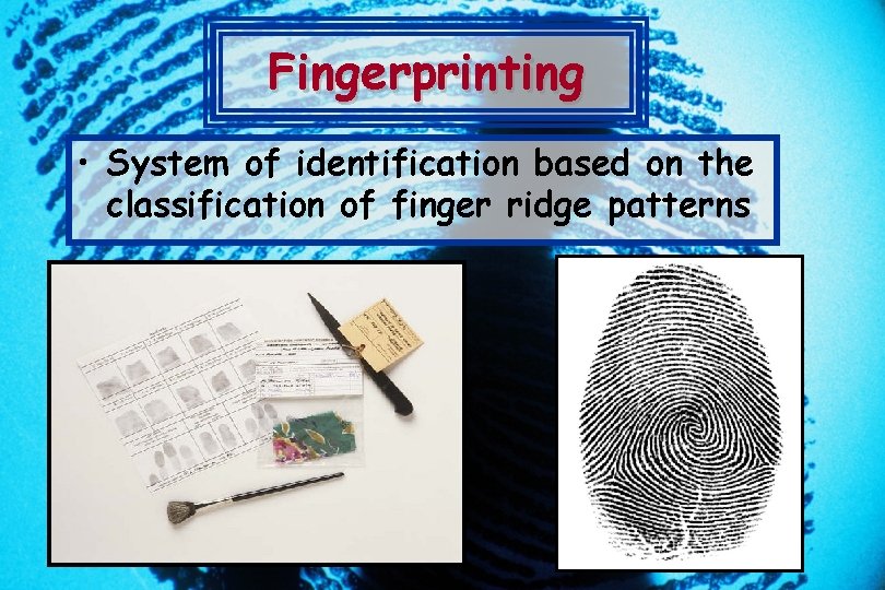 Fingerprinting • System of identification based on the classification of finger ridge patterns 